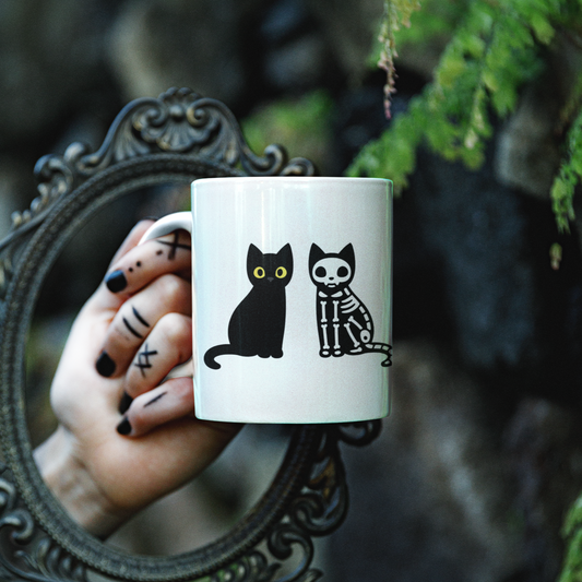 Black Cat Skeleton Mug, Halloween Gift For Black Cat Owners, Coffee Mug